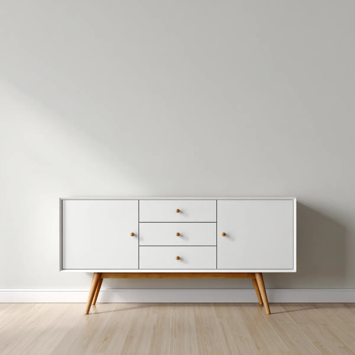 Credenza bianca 140 x 40 x 80 cm in MDF e legno massello rettangolare con 3 cassetti e 2 ante