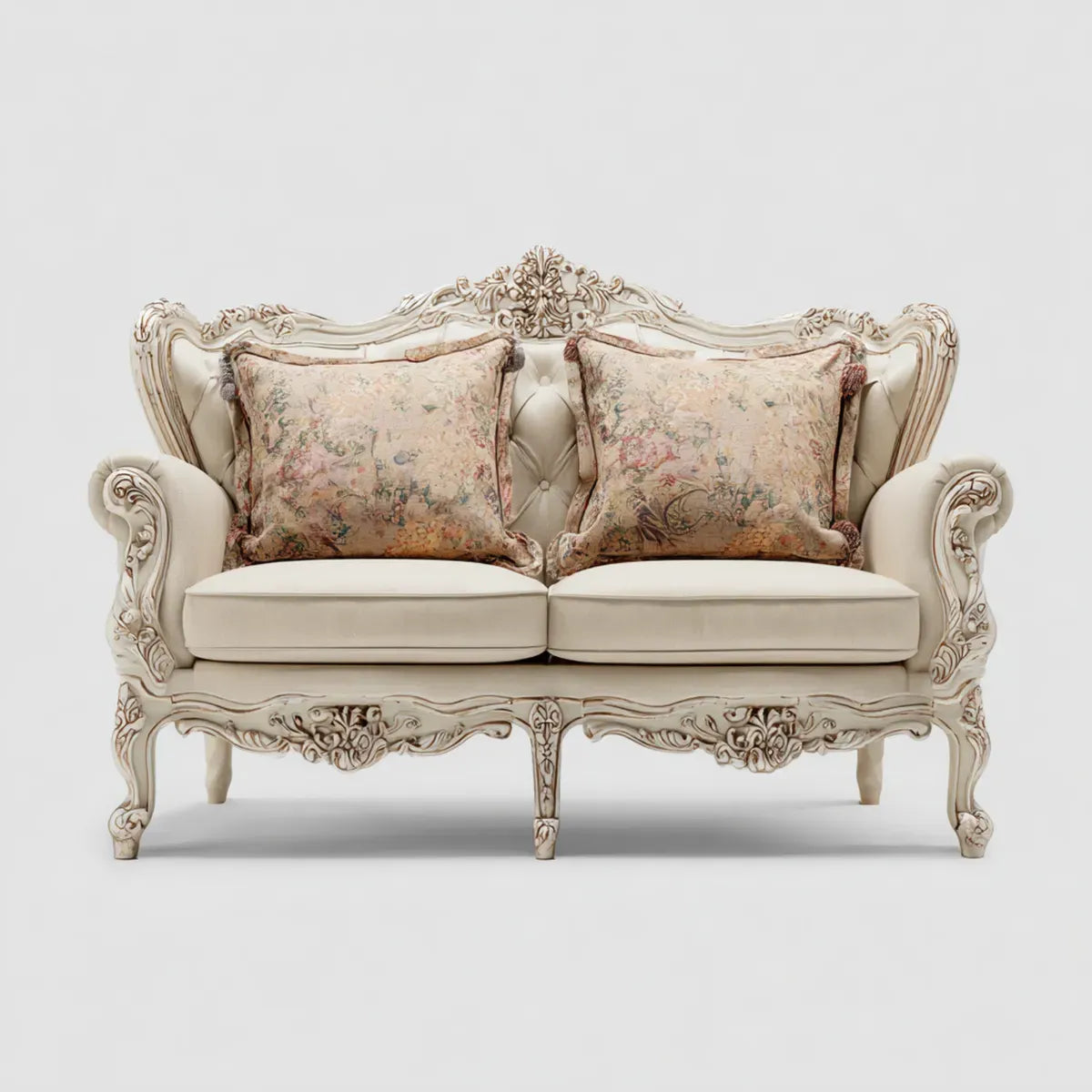 Divano 2 posti classico avorio in legno massello e poliestere 160 x 85 x 110 cm