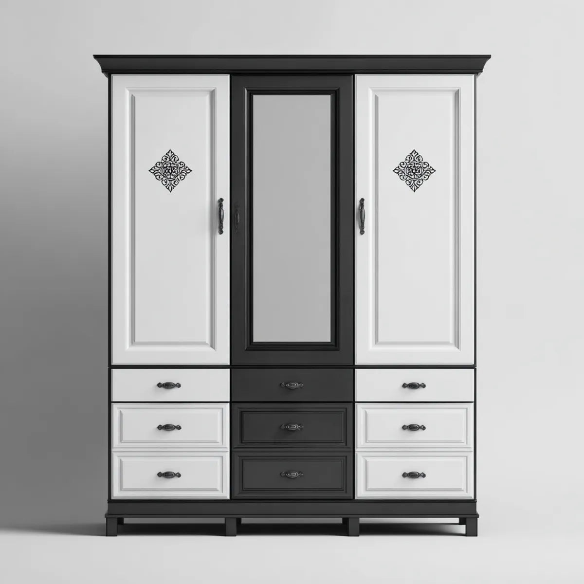 Armadio guardaroba 3 ante 9 cassetti bianco e nero in MDF con specchio 180 x 55 x 220 cm rettangolare