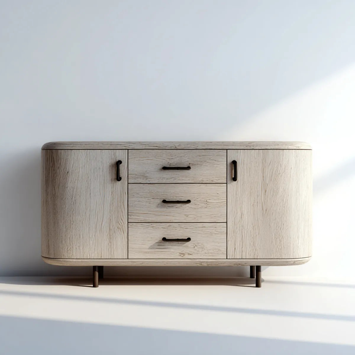 Credenza da pranzo beige effetto rovere con 2 ante e 3 cassetti 160 x 40 x 80 cm in MDF impiallacciato forma rettangolare arrotondata