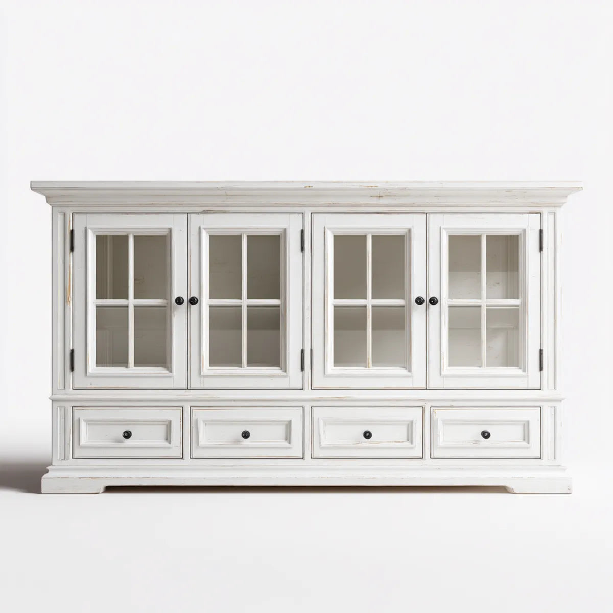 Credenza vetrina 4 ante e 4 cassetti bianco 180 x 45 x 115 cm in legno massello di pino rettangolare