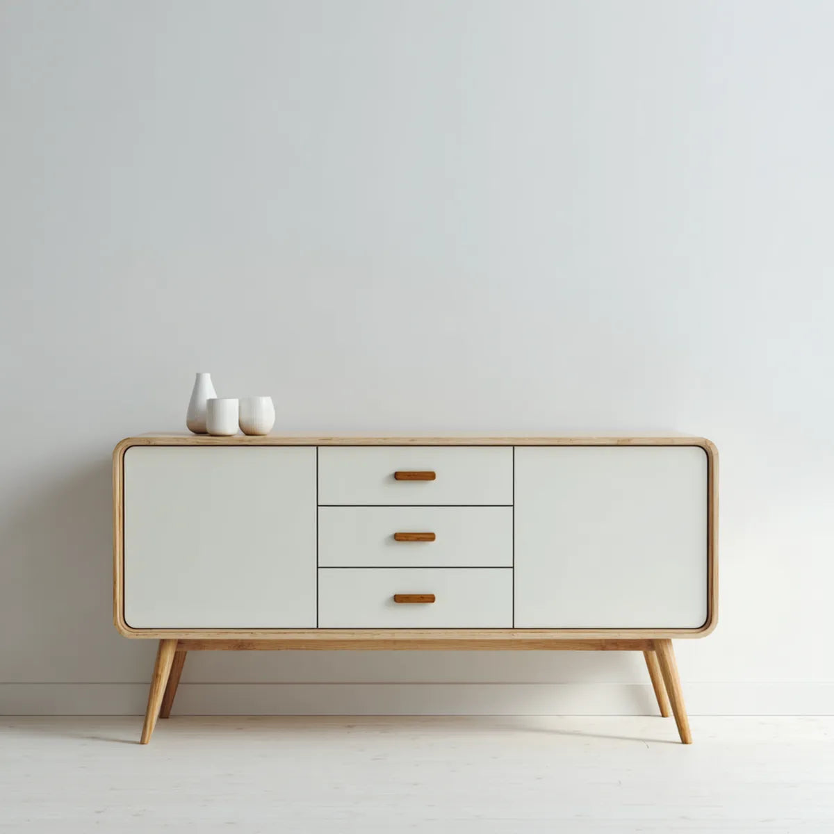 Credenza con 2 ante e 3 cassetti bianca e rovere 160 x 40 x 85 cm in MDF laccato e legno massello rettangolare